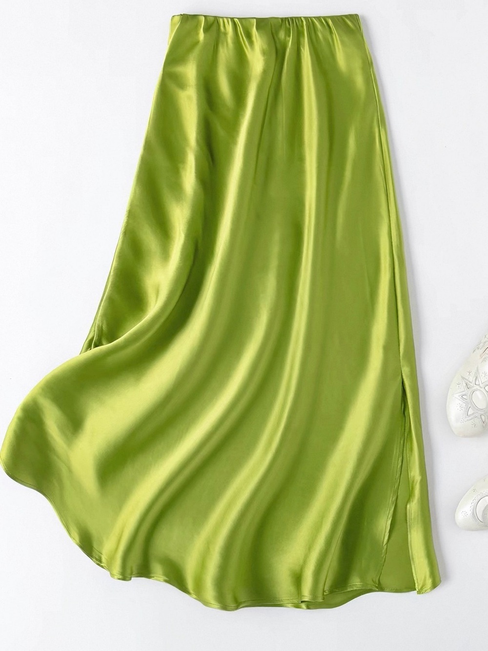 100% Silk Lime Green Satin Midi Skirt Size M/L